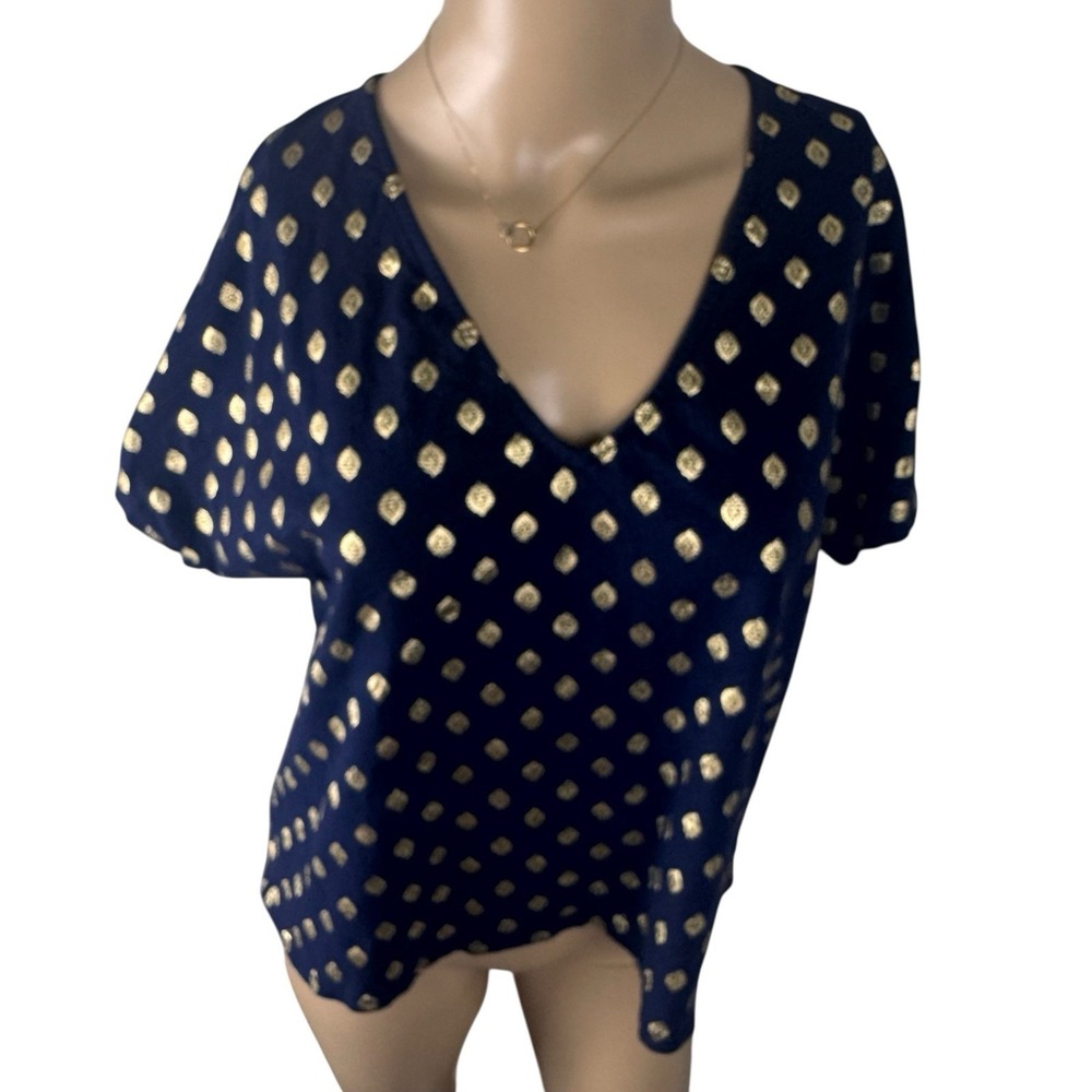 Boden Tie back Women's Jersey Tranquil Gold Leaf Short Sleeve‎ Blue Top Size 8